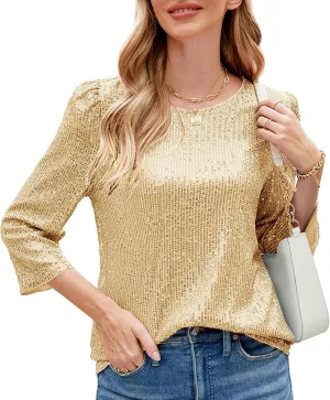 JASAMBAC 3/4 Sleeve Sequin Tops for Women Party Shimmer Embellished Sparkle Glitter Party Puff Tunic Top Blouse