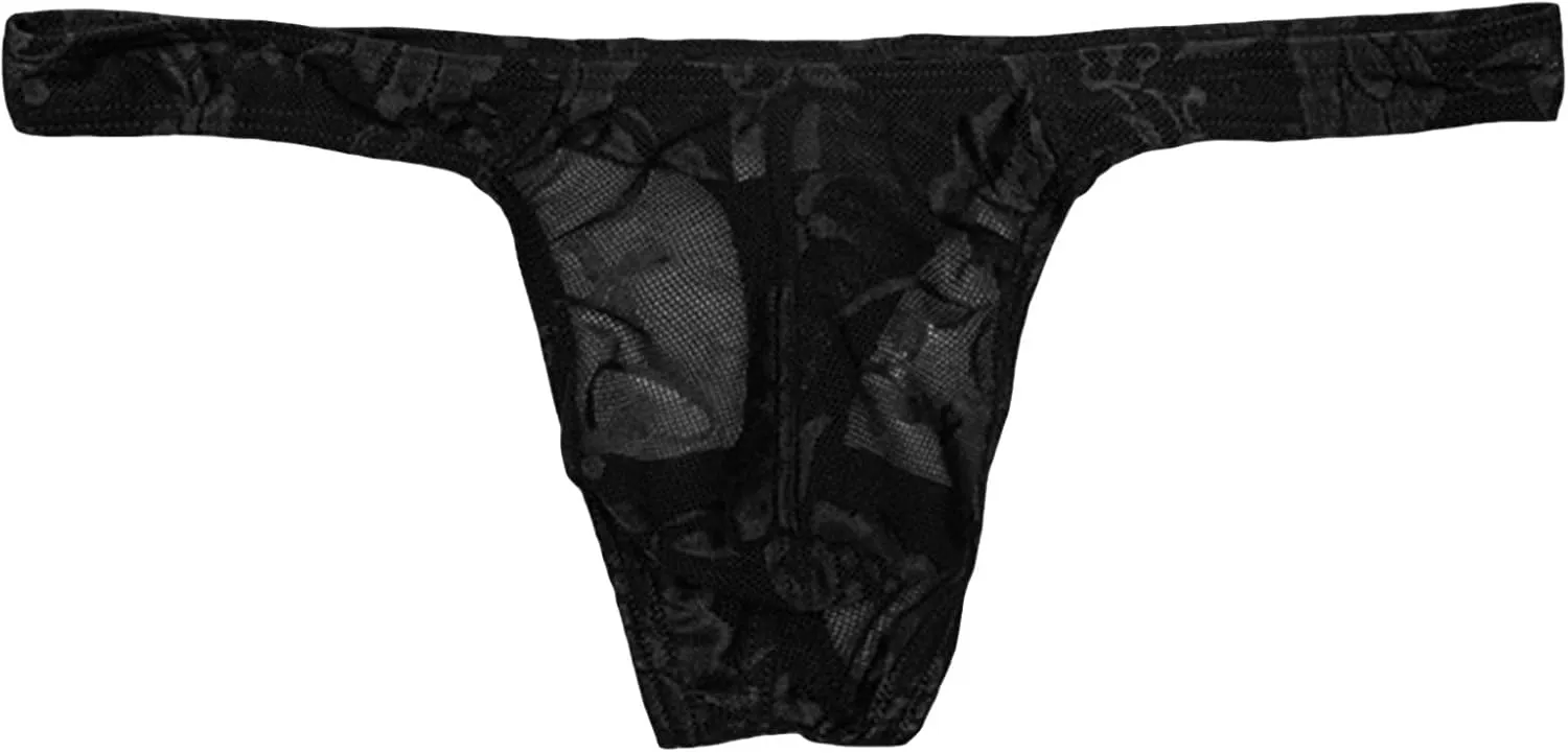 JEsilunmaMY Low Rise T-Back for Men See Through Lace Sheer Sissy G-String Panties Stretch Breathable Thongs Bikini Briefs