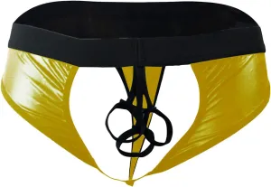 JEsilunmaMY Mens Hollow Leather Briefs Mid Waist Cutout Athletic Supporter Underwear Sexy Erotic Lingerie Open Front Panties
