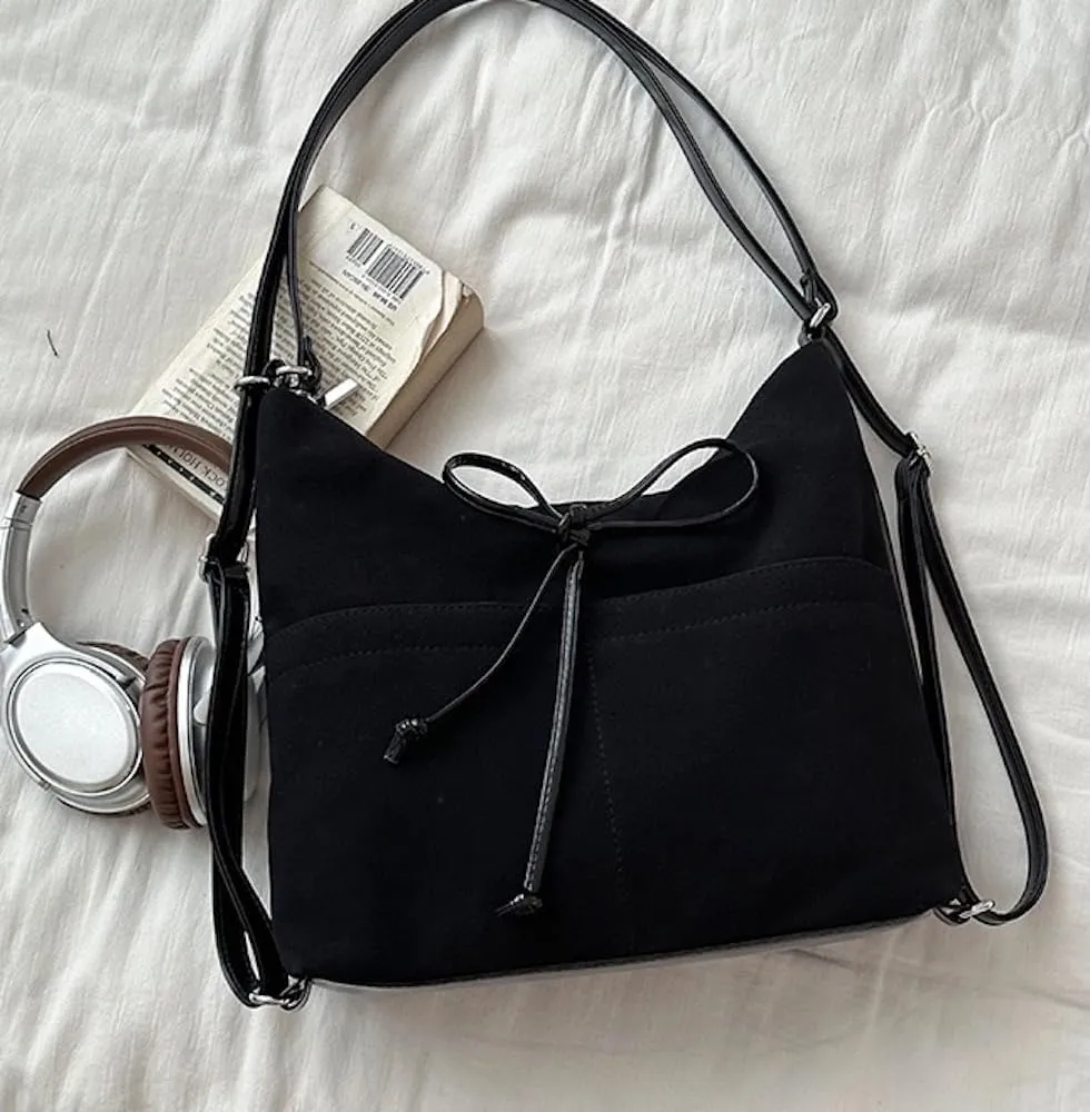 JHTPSLR Coquette Suede Hobo Bags for Women Bow Shoulder Bag Purse Backpack Vintage Slouchy Bag Cute Coquette Stuff (Black)