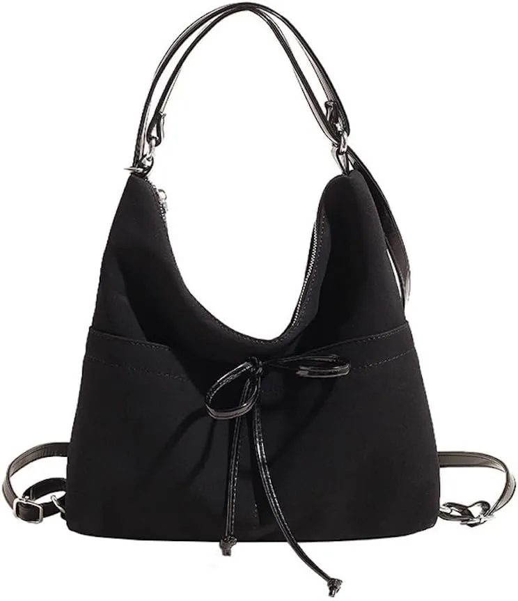 JHTPSLR Coquette Suede Hobo Bags for Women Bow Shoulder Bag Purse Backpack Vintage Slouchy Bag Cute Coquette Stuff (Black)