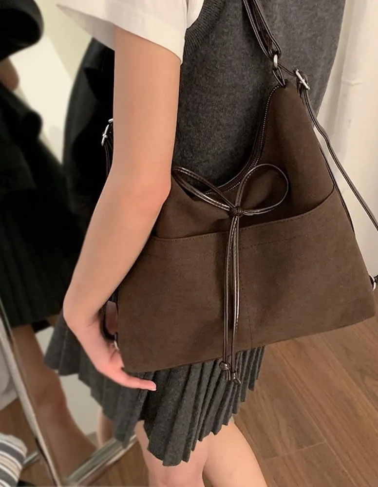 JHTPSLR Coquette Suede Hobo Bags for Women Bow Shoulder Bag Purse Backpack Vintage Slouchy Bag Cute Coquette Stuff (Coffee)