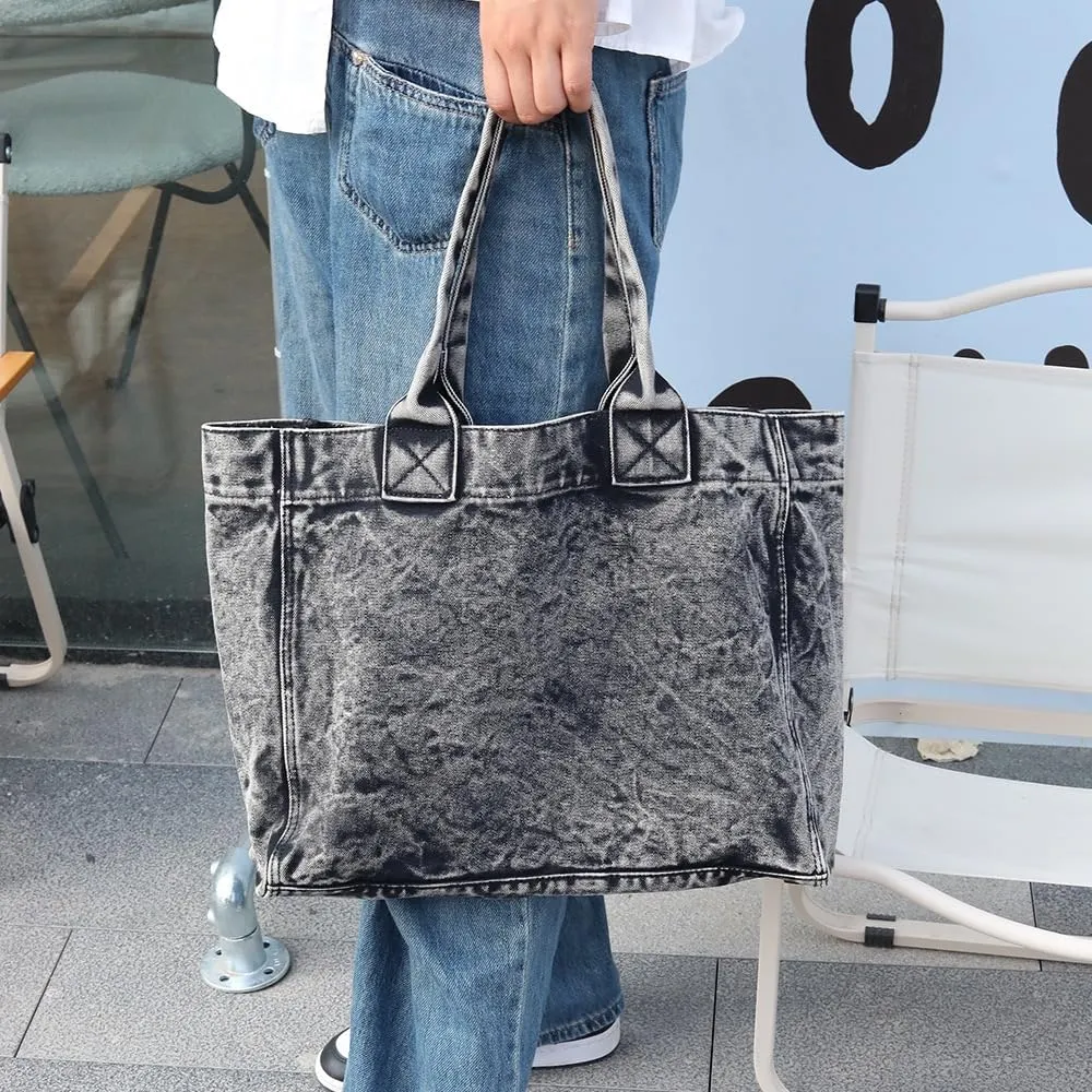 JHTPSLR Denim Tote Bag for Women Jeans Bag Vintage Denim Handbags Shoulder Bag Hand Tote Casual Vintage Preppy