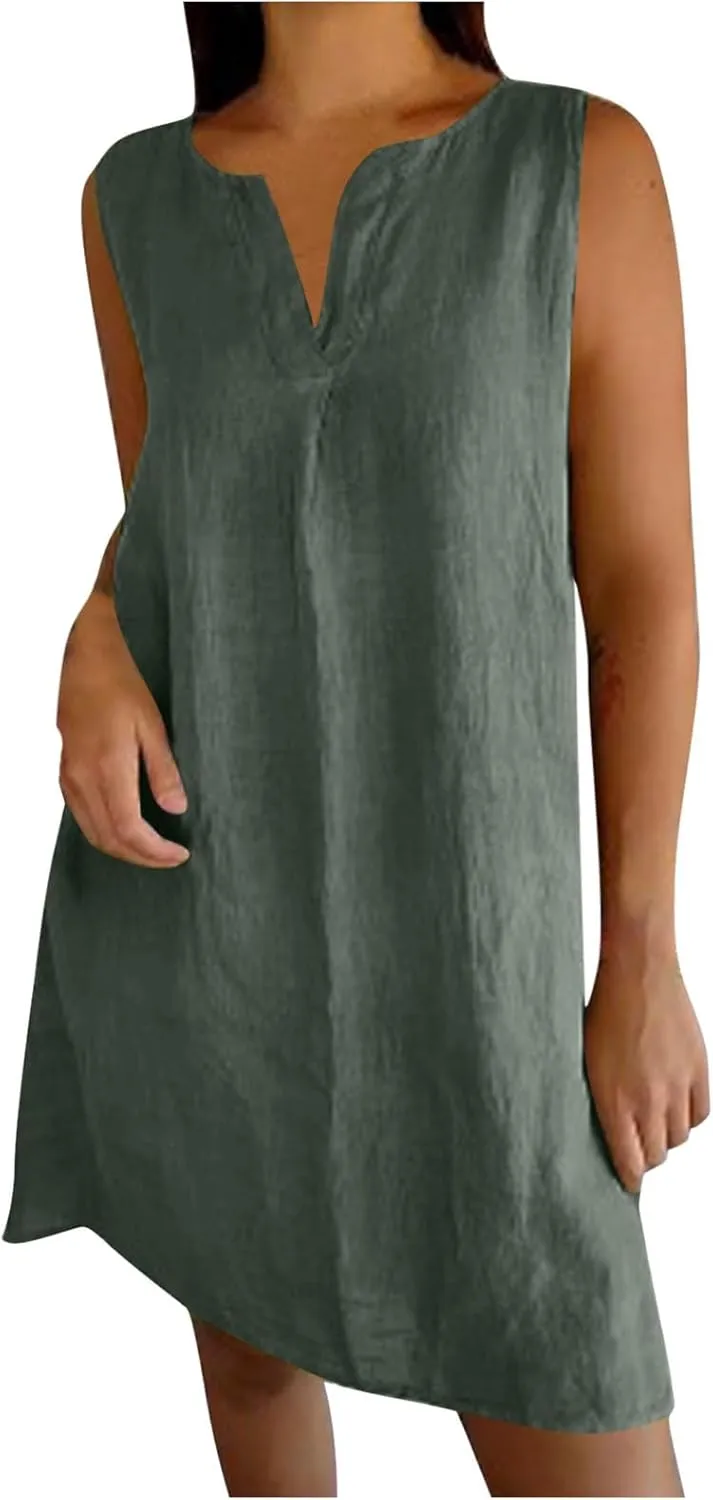 JOAU 2025 Summer Cotton Linen Tank Dresses for Women Casual Loose Sleeveless Notched V Neck A-Line Beach Mini Short Sundress