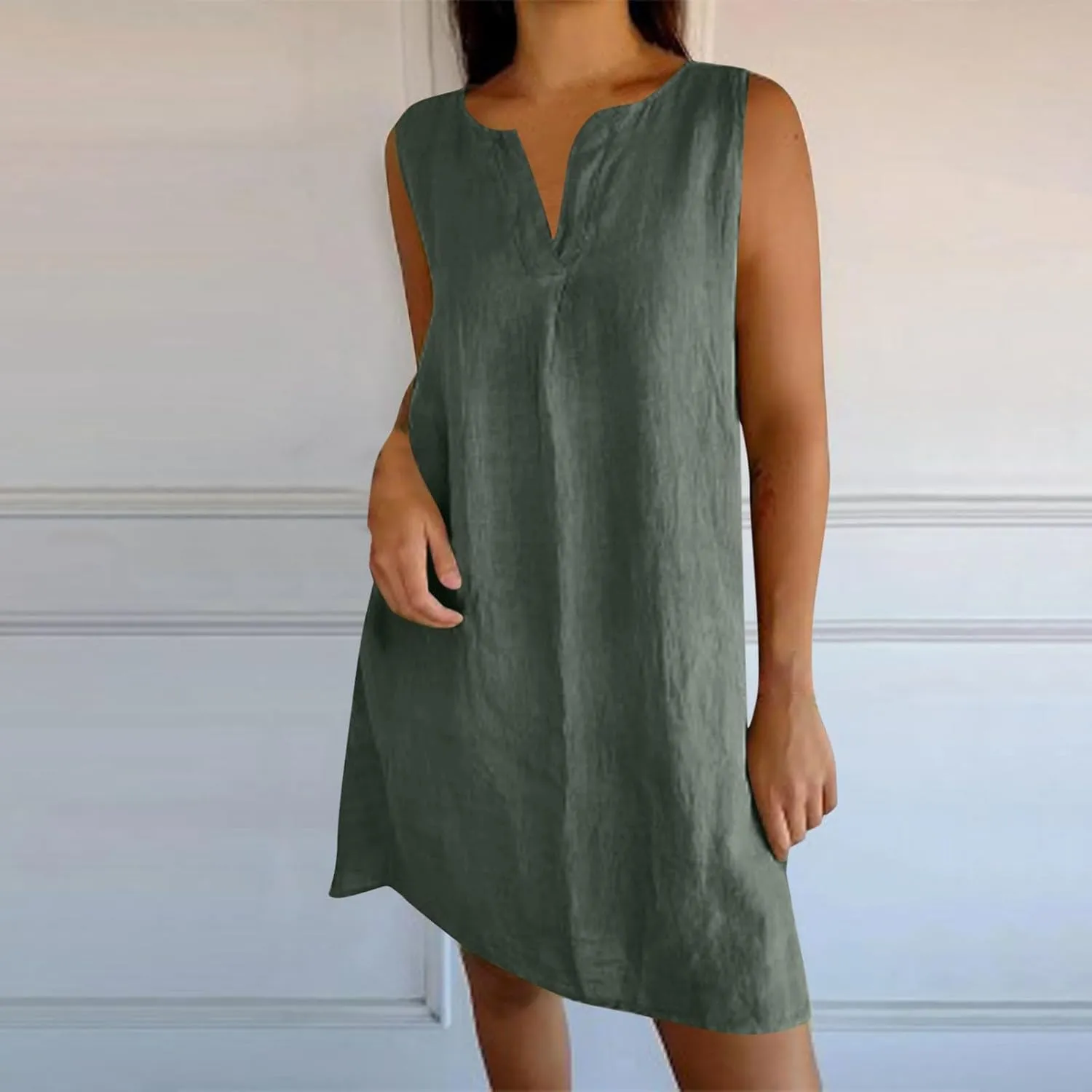 JOAU 2025 Summer Cotton Linen Tank Dresses for Women Casual Loose Sleeveless Notched V Neck A-Line Beach Mini Short Sundress