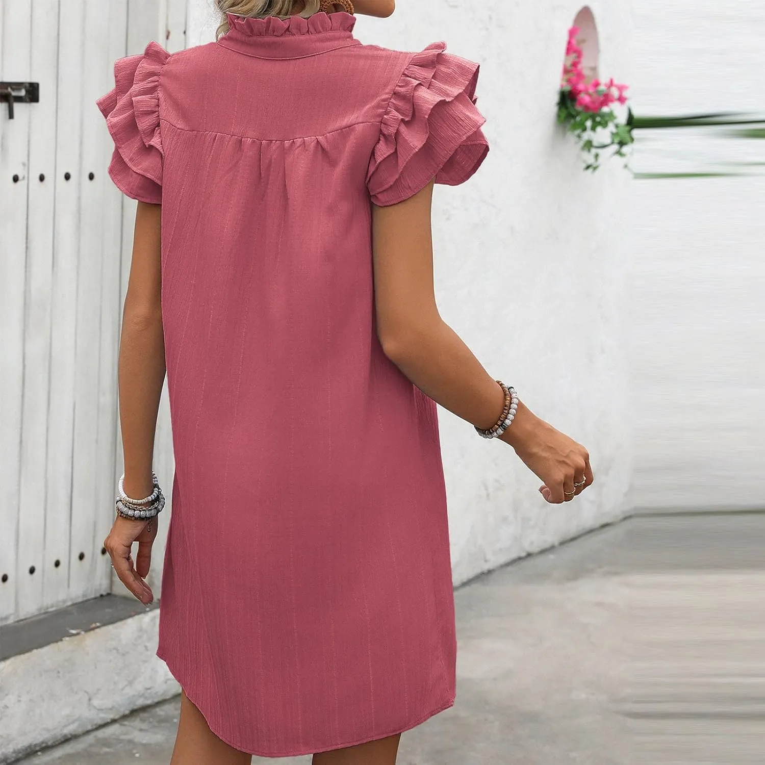JOAU Womens Summer 2025 Layered Ruffle Cap Sleeve V Neck Shift Mini Dress Casual Loose Solid Flowy Cute Beach Shirt Dresses