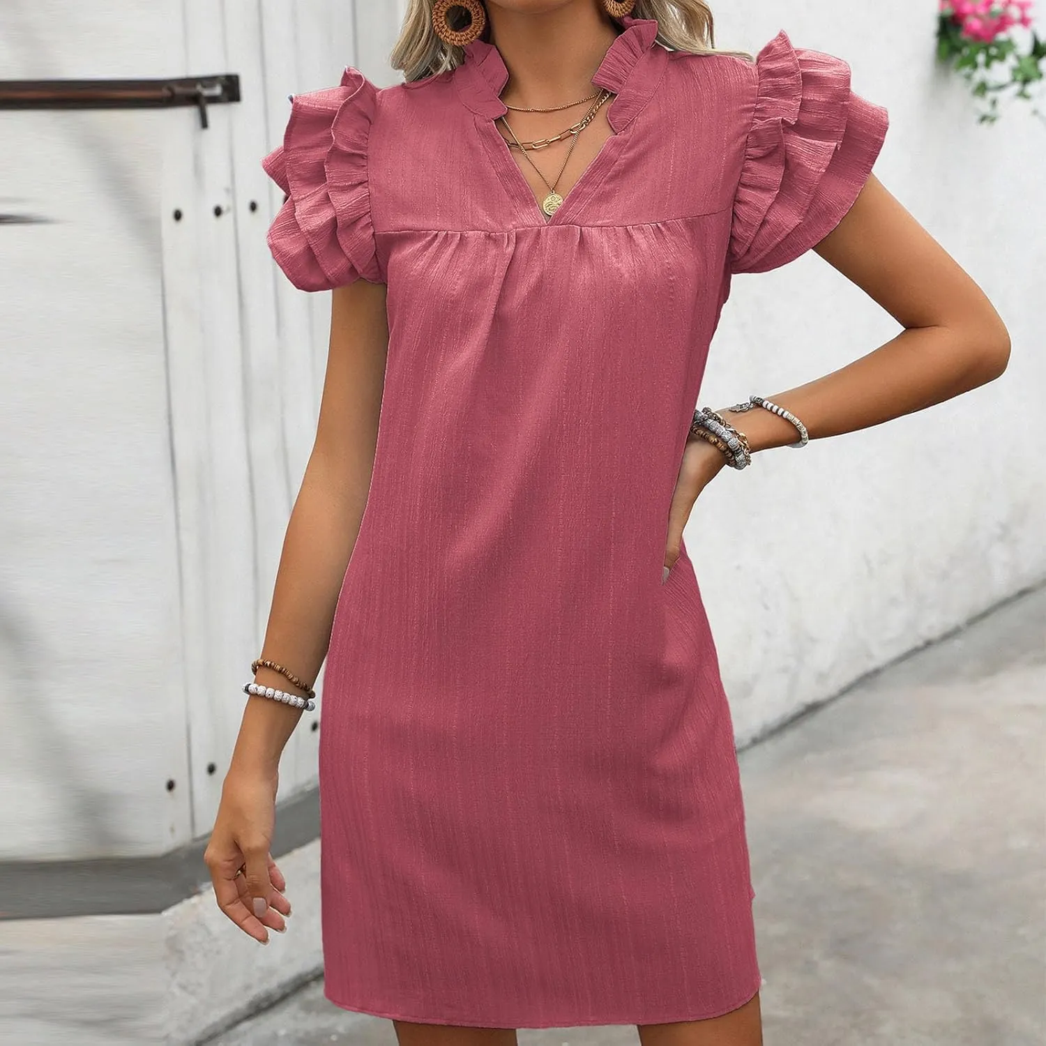 JOAU Womens Summer 2025 Layered Ruffle Cap Sleeve V Neck Shift Mini Dress Casual Loose Solid Flowy Cute Beach Shirt Dresses