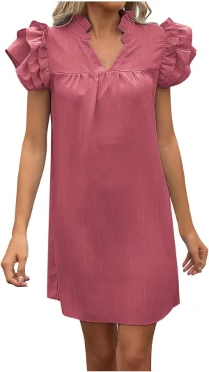 JOAU Womens Summer 2025 Layered Ruffle Cap Sleeve V Neck Shift Mini Dress Casual Loose Solid Flowy Cute Beach Shirt Dresses
