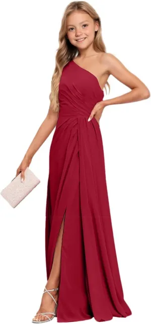 Junior Bridesmaid Dresses for Wedding Chiffon One Shoulder Flower Girl Dress Long Party Pageant Gowns