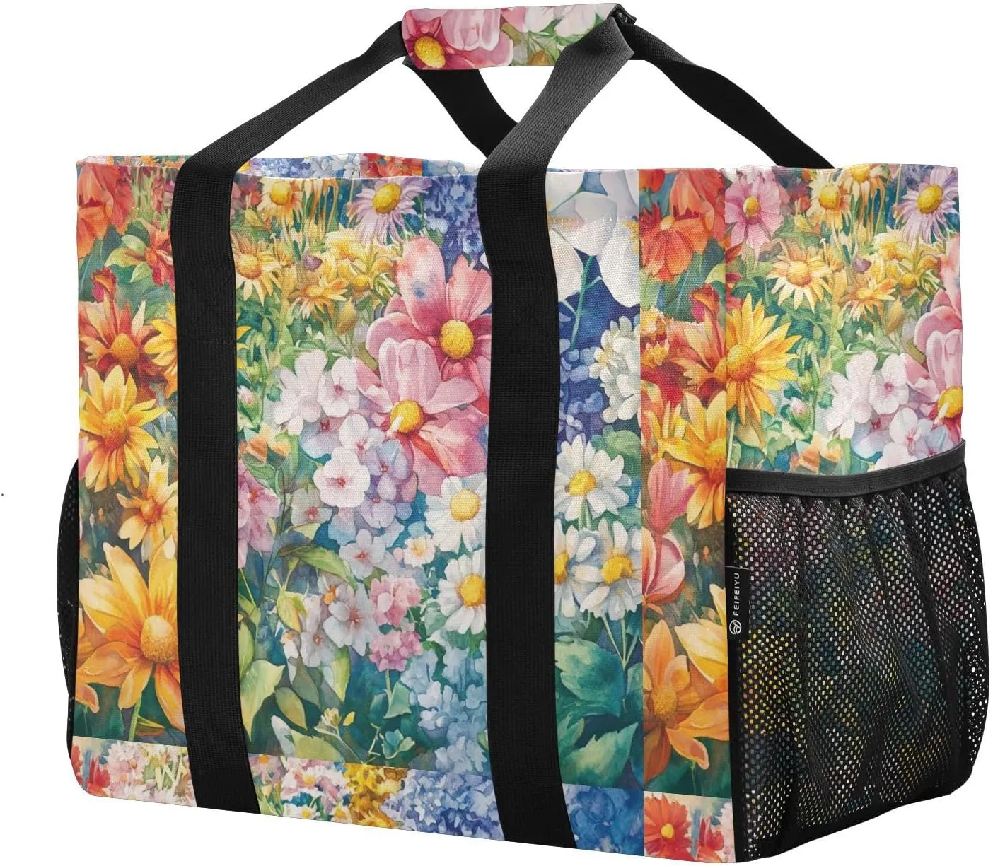 JUNZAN Colored Spring Flowers Utility Totes Foldable Beach Bag With Compartments Reusable Grocery Bag Canvas Tote Bag For Car