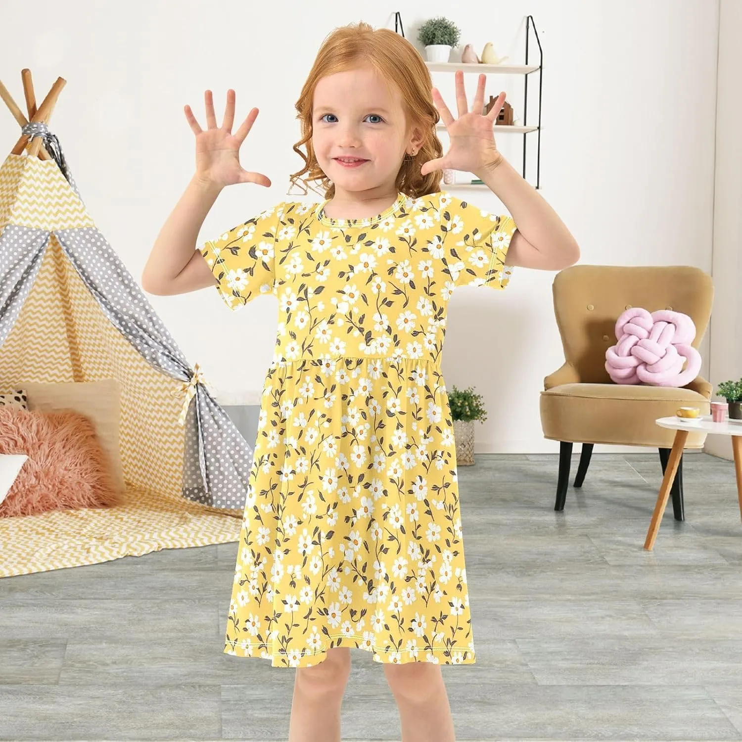 JUNZAN Daisy Florals Green Girls Casual Dresses Short Sleeve Ruffle Dresses for Baby Girls'