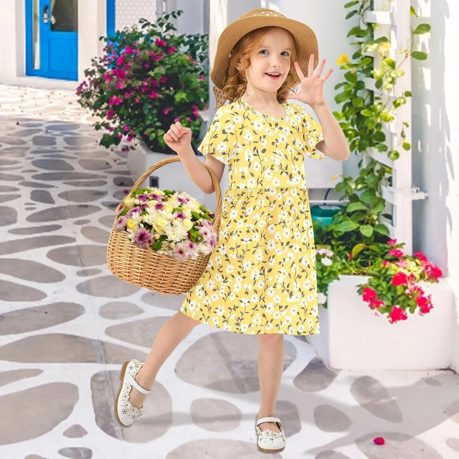JUNZAN Daisy Florals Green Girls Casual Dresses Short Sleeve Ruffle Dresses for Baby Girls'