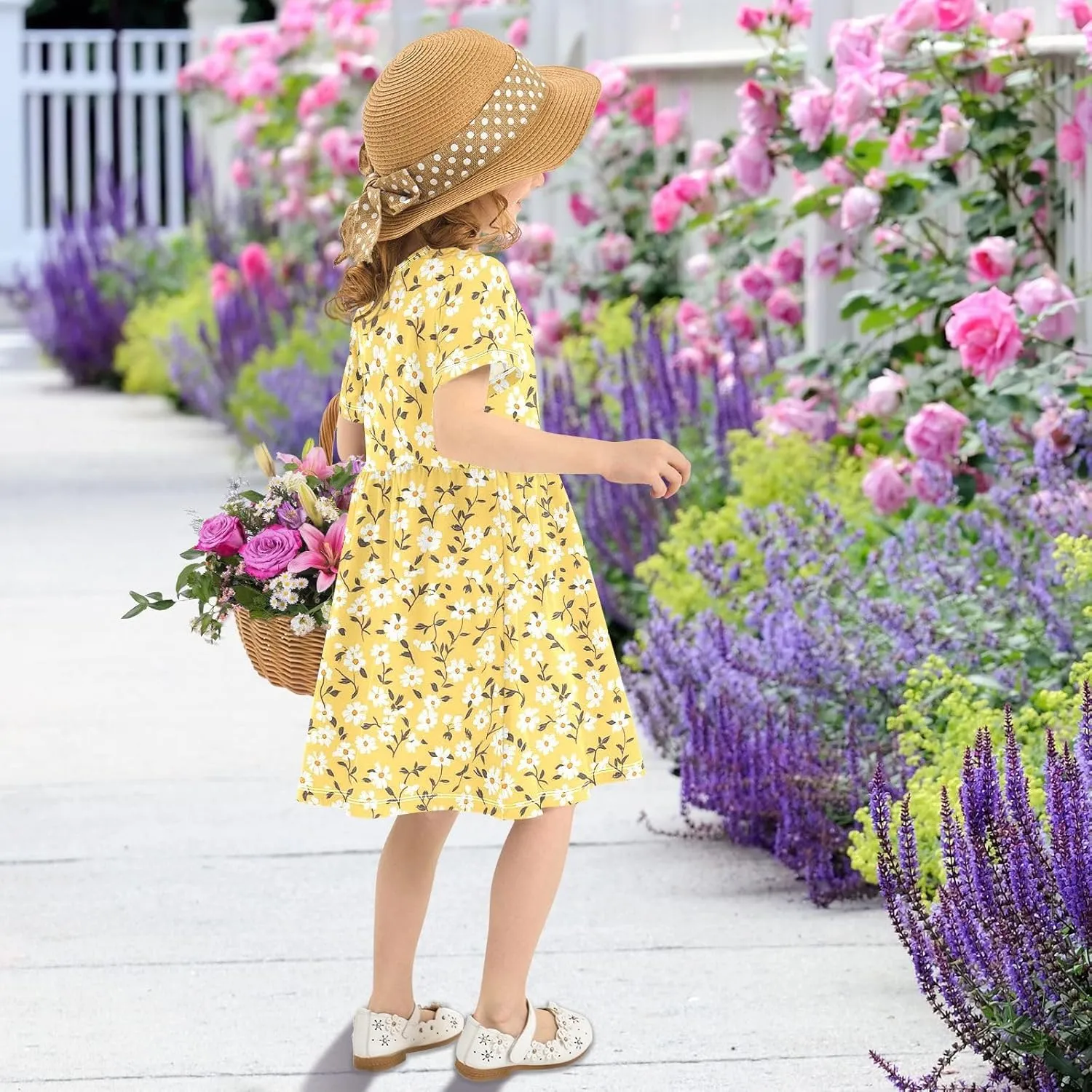 JUNZAN Daisy Florals Green Girls Casual Dresses Short Sleeve Ruffle Dresses for Baby Girls'