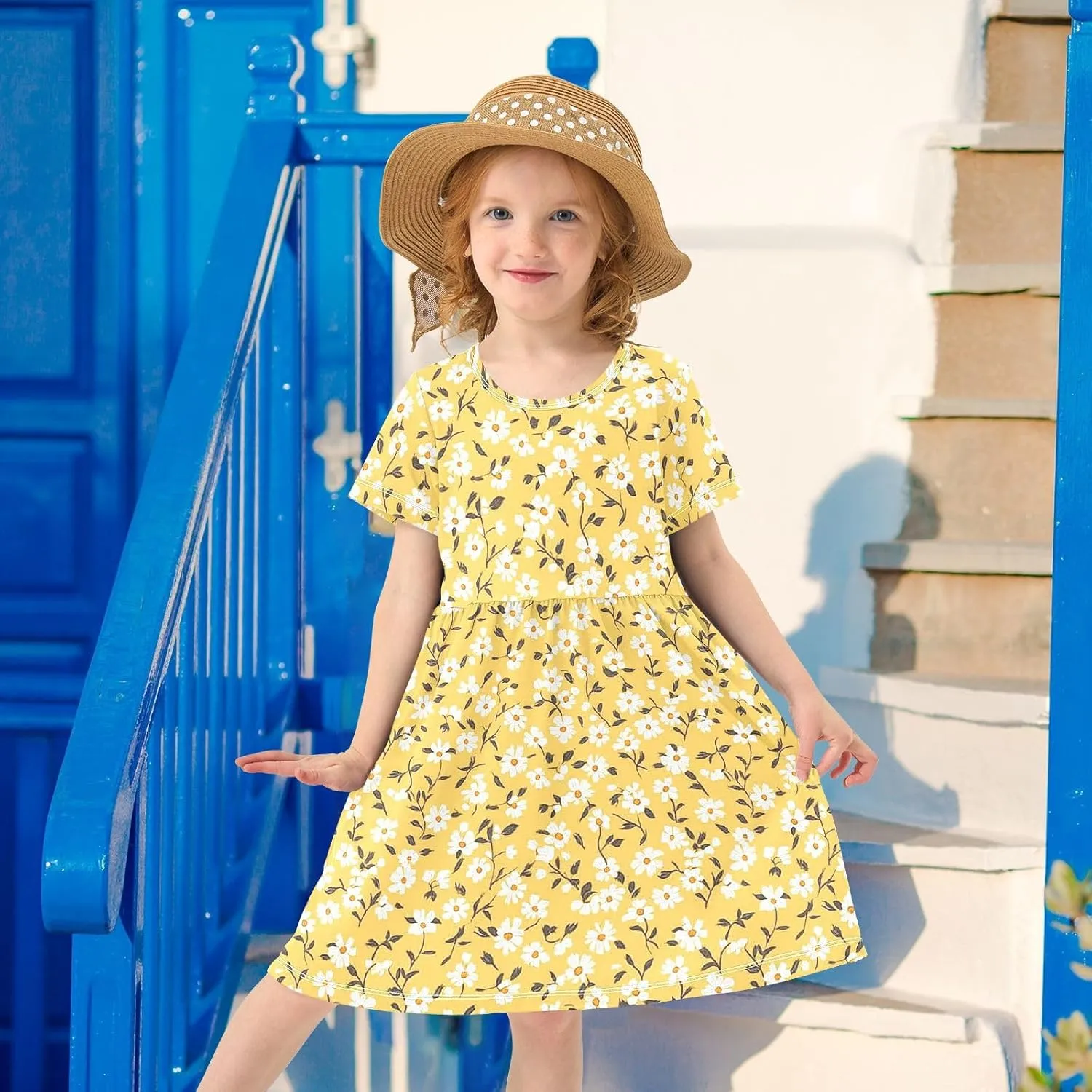 JUNZAN Daisy Florals Green Girls Casual Dresses Short Sleeve Ruffle Dresses for Baby Girls'