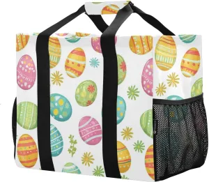JUNZAN Easter Utility Tote Foldable Tote Bag For Beach Sandproof Reusable Grocery Bags Canvas Car Totes Colorful Eggs