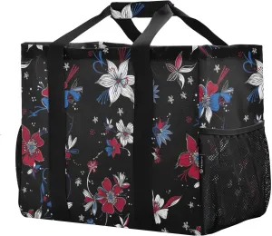 JUNZAN Floral Black Modern Utility Totes Foldable Beach Bag With Compartments Reusable Grocery Shopping Bags with Handles Tote For Car