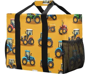 JUNZAN Orange Cartoon Tractors Tote Utility Bag Foldable Tote Bag For Beach Sandproof Reusable Shopping Bags with Handles Laundry Totes