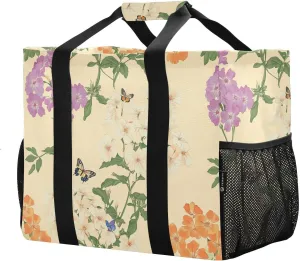 JUNZAN Retro Flowers Beige Utility Tote Foldable Beach Tote With Compartments Grocery Bags Reusable Canvas Car Totes