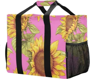 JUNZAN Sunflower Pink Utility Tote Foldable Beach Totes Bags Sandproof Grocery Bags Reusable Canvas Laundry Bag Tote