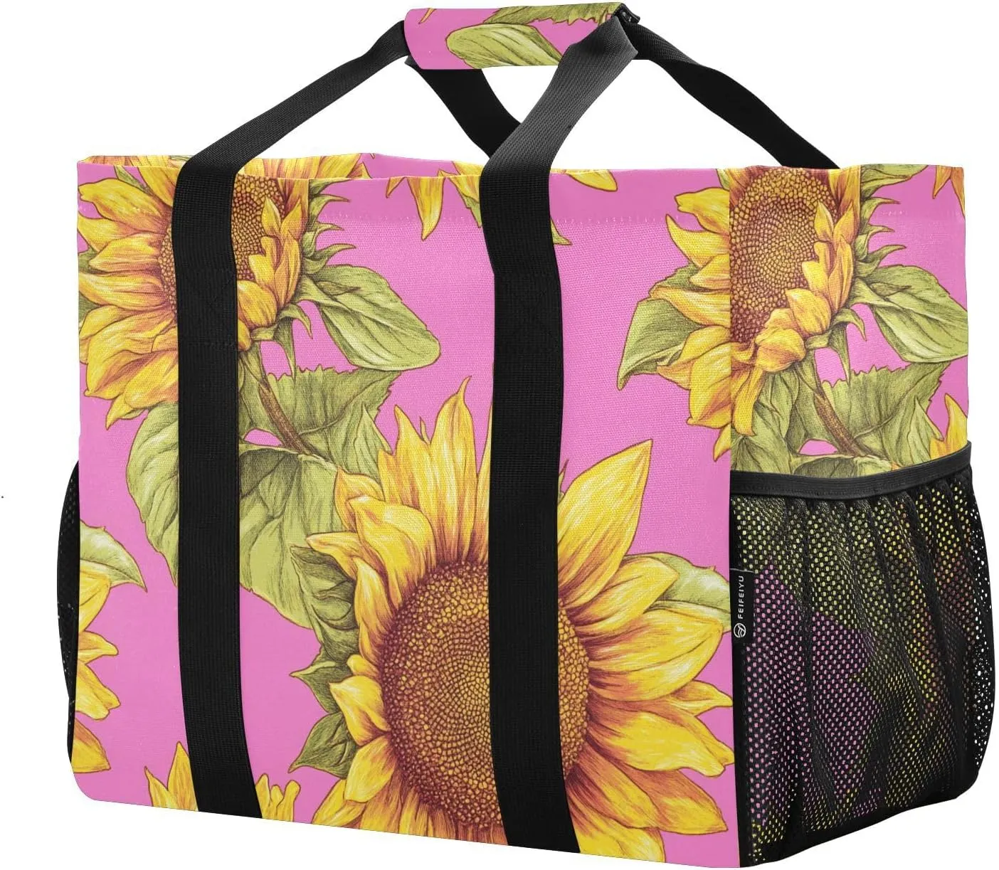 JUNZAN Sunflower Pink Utility Tote Foldable Beach Totes Bags Sandproof Grocery Bags Reusable Canvas Laundry Bag Tote