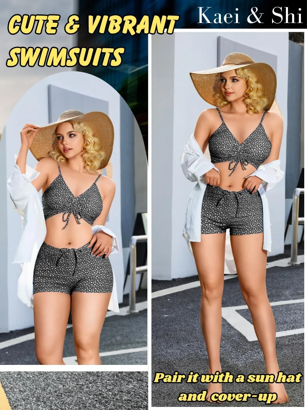 Kaei&Shi Boy Short Bikini Sets for Women,Modest Two Piece High Waisted Shorts Bikinis,Cute Floral Ruched Boyshort Swimsuits