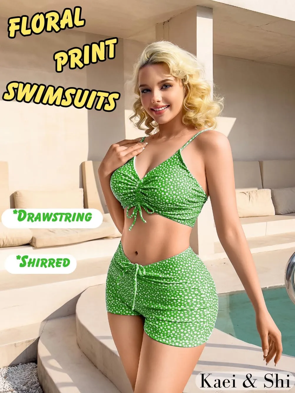 Kaei&Shi Boy Short Bikini Sets for Women,Modest Two Piece High Waisted Shorts Bikinis,Cute Floral Ruched Boyshort Swimsuits