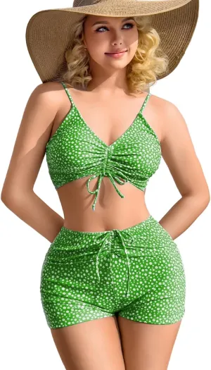 Kaei&Shi Boy Short Bikini Sets for Women,Modest Two Piece High Waisted Shorts Bikinis,Cute Floral Ruched Boyshort Swimsuits