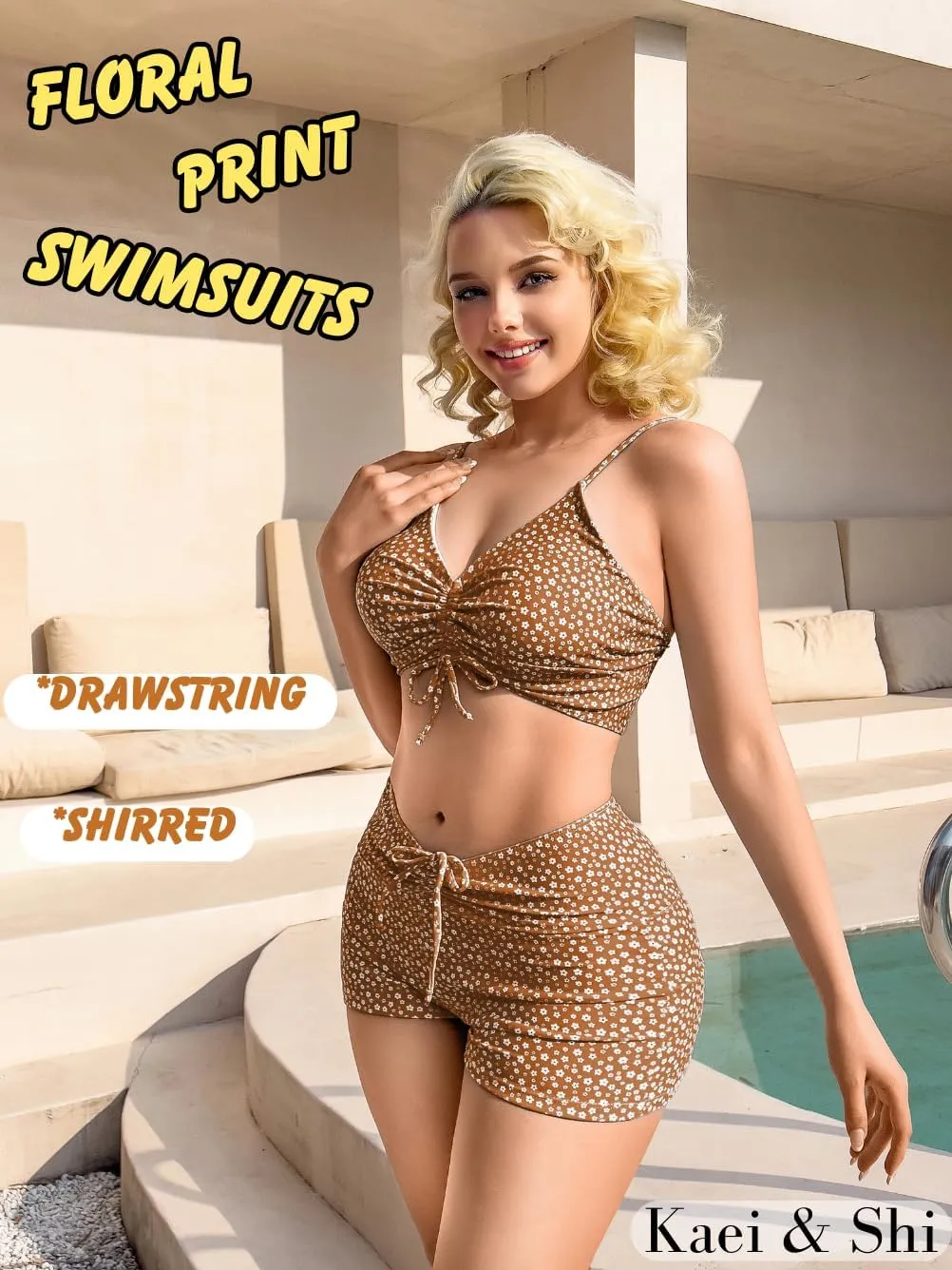 Kaei&Shi Boy Short Bikini Sets for Women,Modest Two Piece High Waisted Shorts Bikinis,Cute Floral Ruched Boyshort Swimsuits