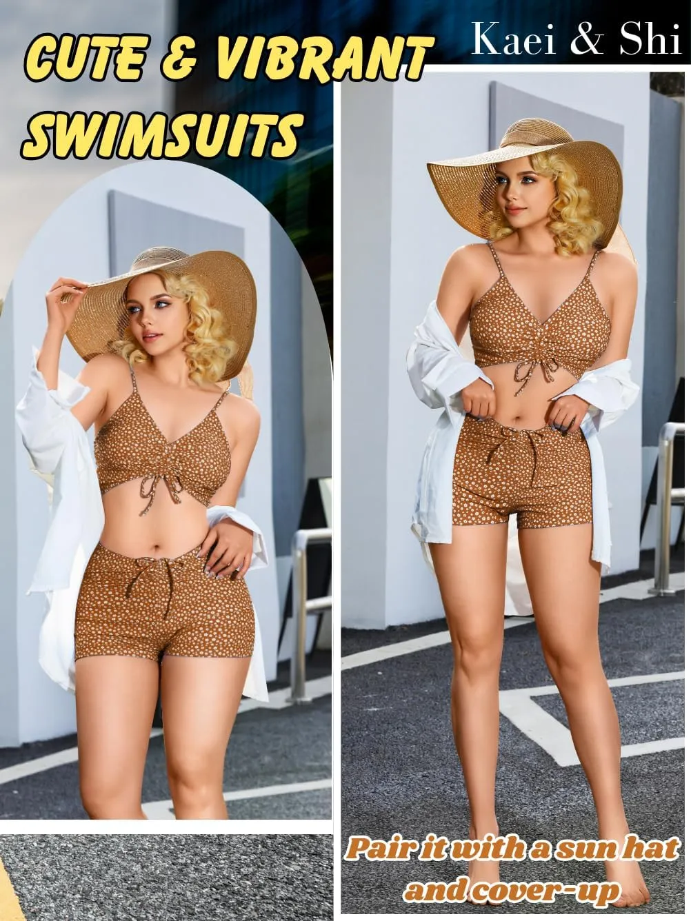 Kaei&Shi Boy Short Bikini Sets for Women,Modest Two Piece High Waisted Shorts Bikinis,Cute Floral Ruched Boyshort Swimsuits