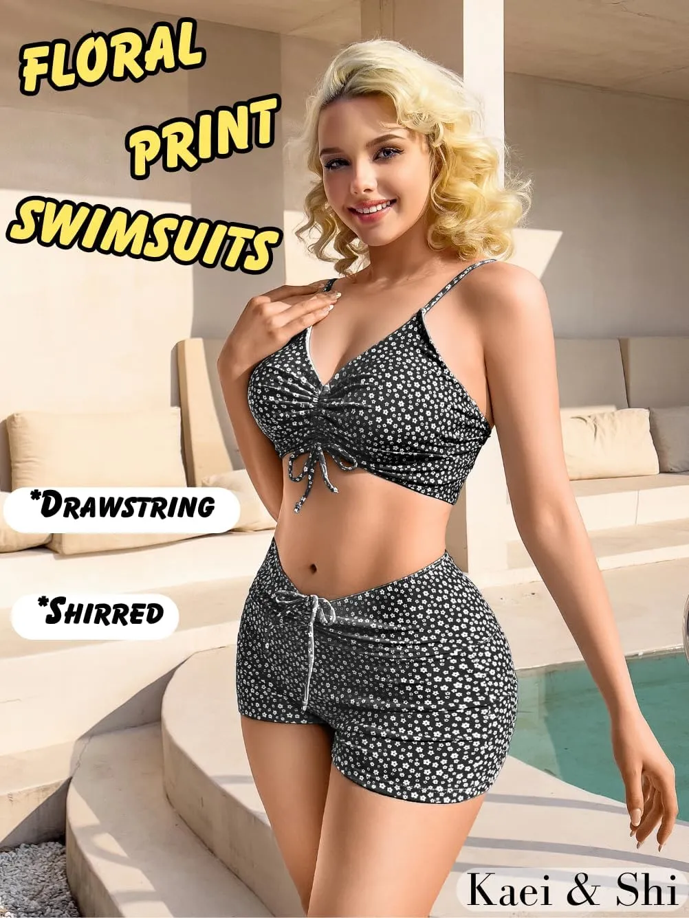 Kaei&Shi Boy Short Bikini Sets for Women,Modest Two Piece High Waisted Shorts Bikinis,Cute Floral Ruched Boyshort Swimsuits