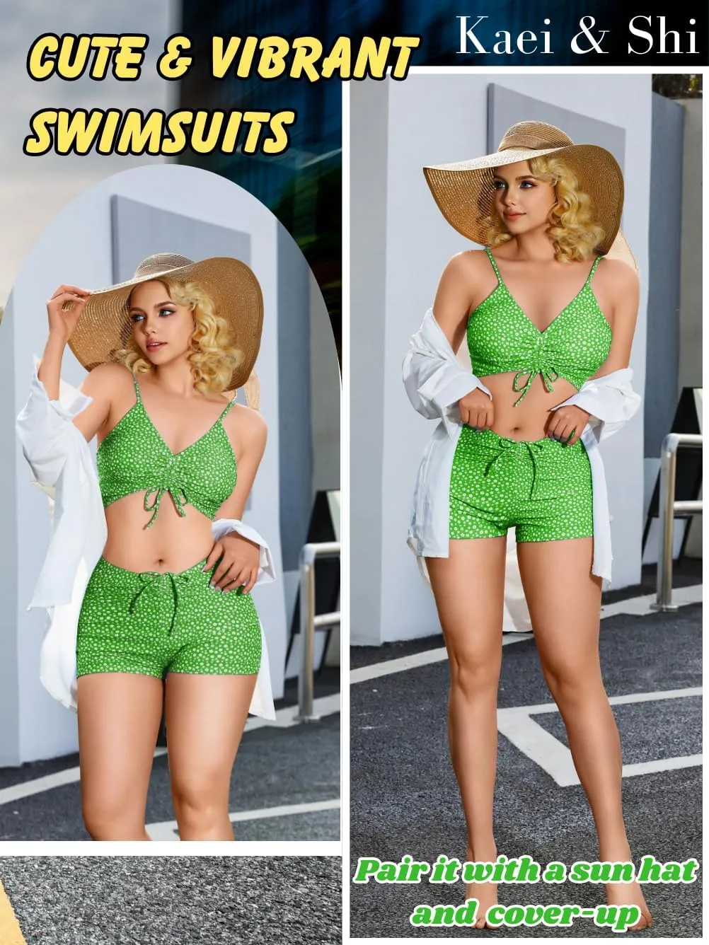 Kaei&Shi Boy Short Bikini Sets for Women,Modest Two Piece High Waisted Shorts Bikinis,Cute Floral Ruched Boyshort Swimsuits