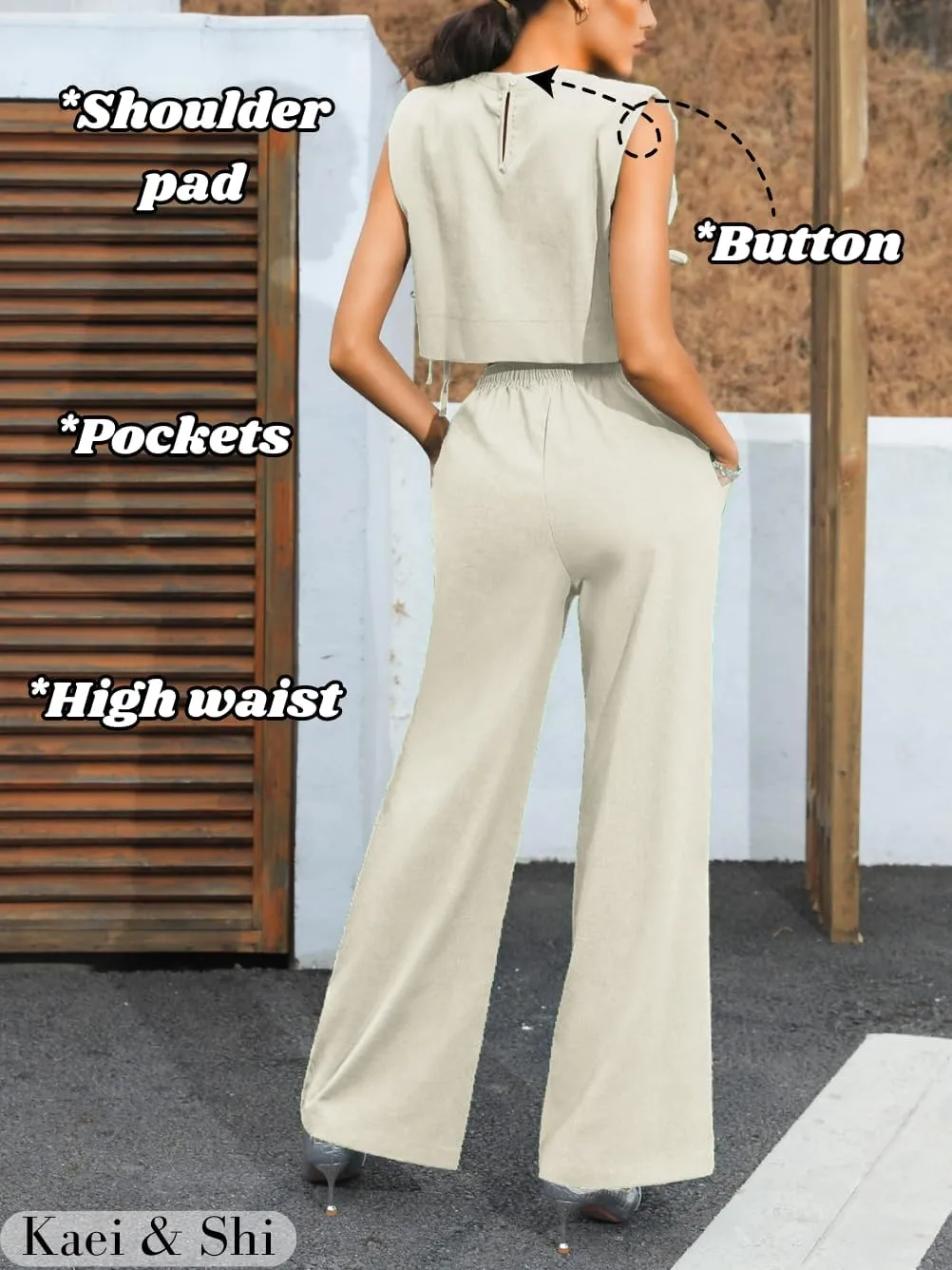 Kaei&Shi Casual Linen Two Piece Set Women,Sexy Drawstring High Waisted Wide Leg Pants,Sleeveless Crop Top,Summer Outfit