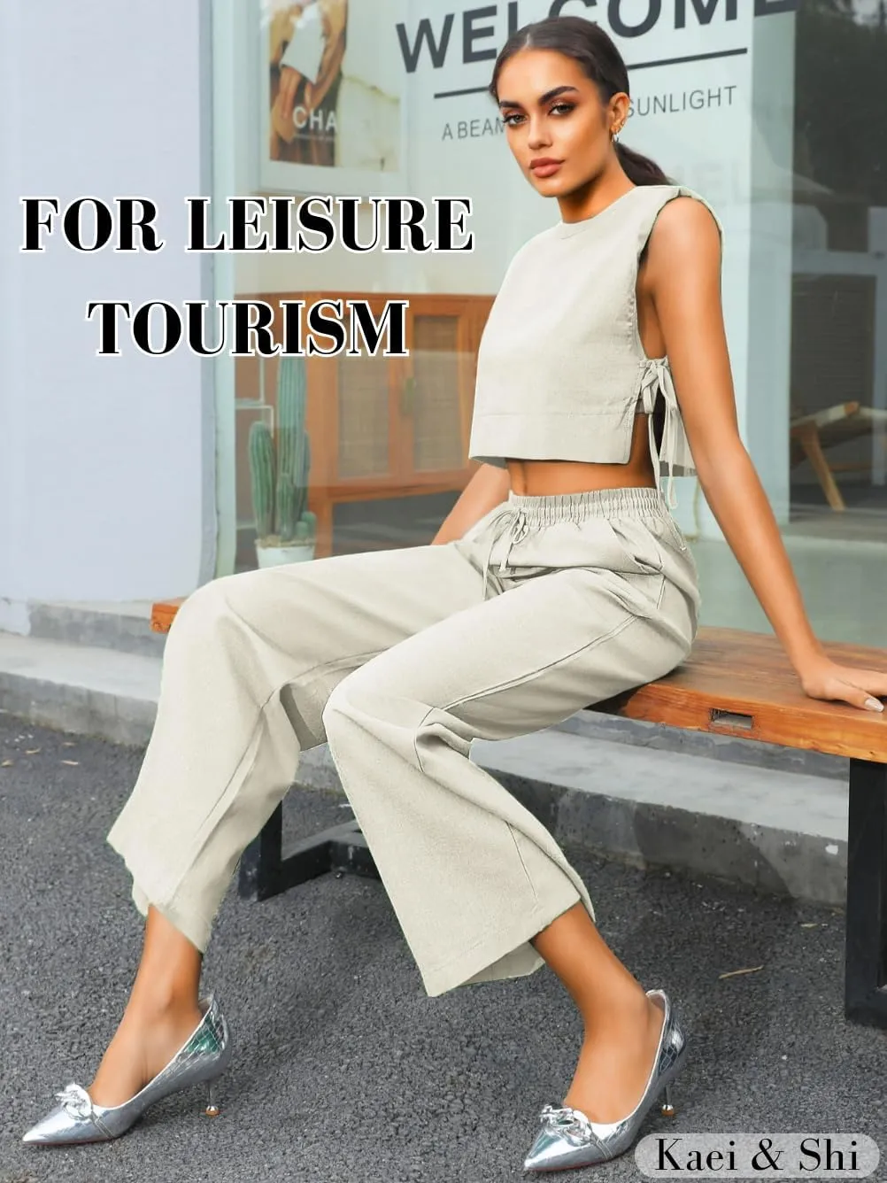 Kaei&Shi Casual Linen Two Piece Set Women,Sexy Drawstring High Waisted Wide Leg Pants,Sleeveless Crop Top,Summer Outfit