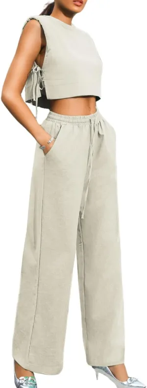 Kaei&Shi Casual Linen Two Piece Set Women,Sexy Drawstring High Waisted Wide Leg Pants,Sleeveless Crop Top,Summer Outfit