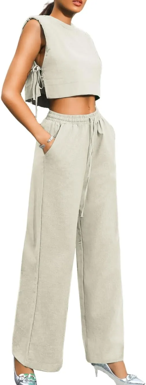 Kaei&Shi Casual Linen Two Piece Set Women,Sexy Drawstring High Waisted Wide Leg Pants,Sleeveless Crop Top,Summer Outfit