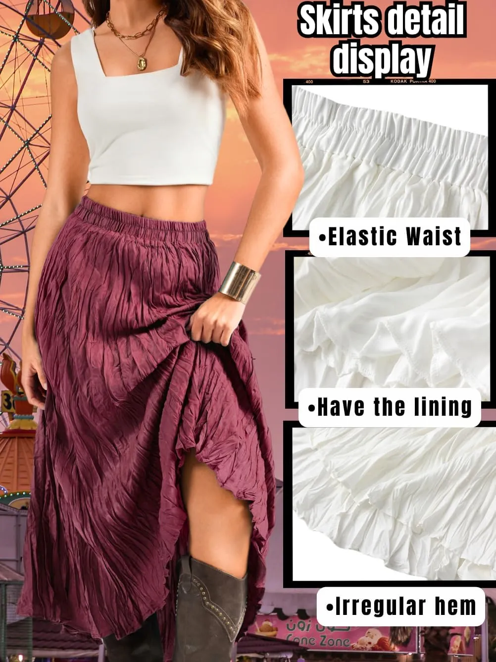 Kaei&Shi Pleated Midi Skirt,High Waisted A Line Flowy Boho Skirts for Women,Renaissance Costume Country Festival Vacation