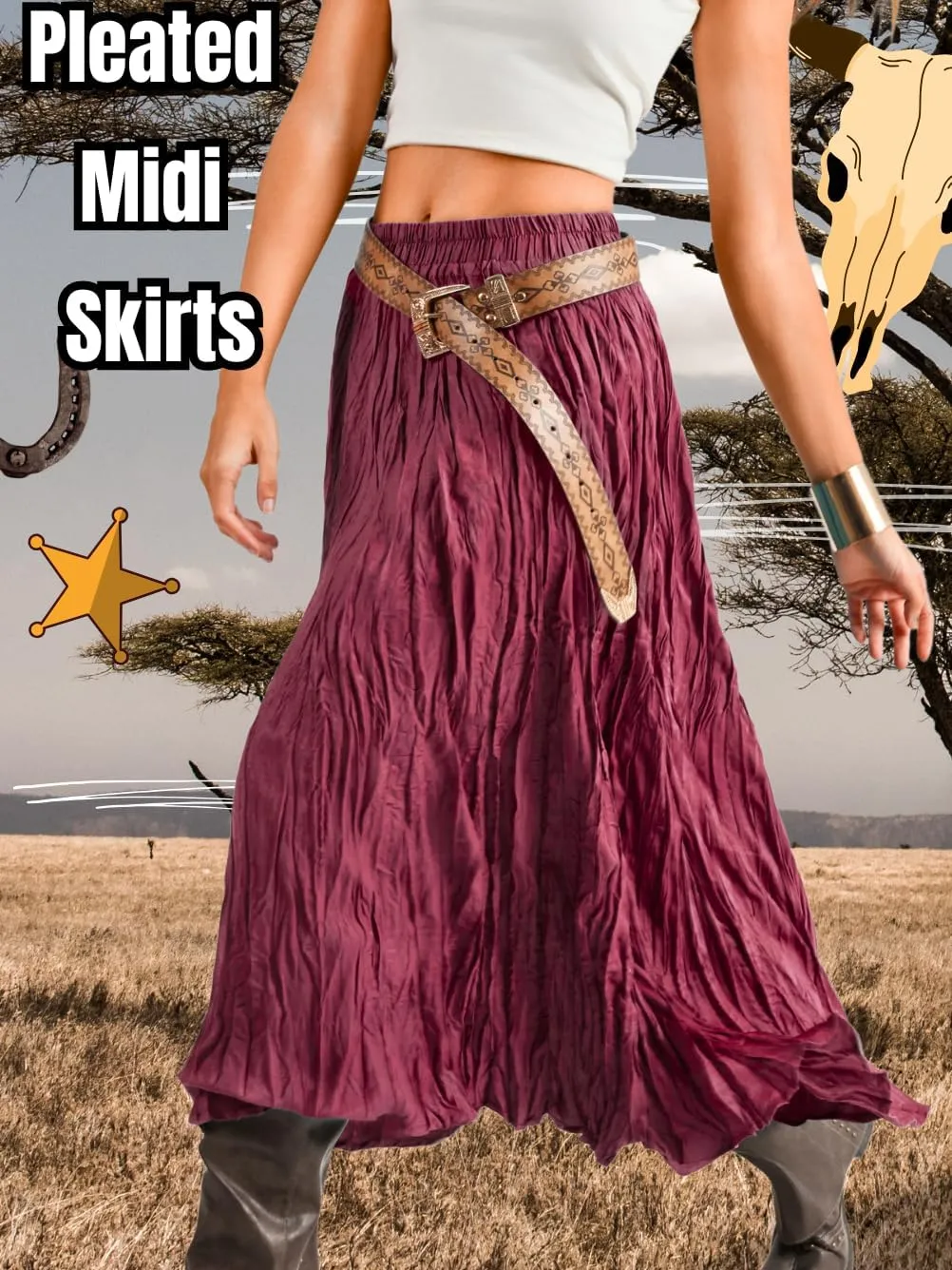 Kaei&Shi Pleated Midi Skirt,High Waisted A Line Flowy Boho Skirts for Women,Renaissance Costume Country Festival Vacation