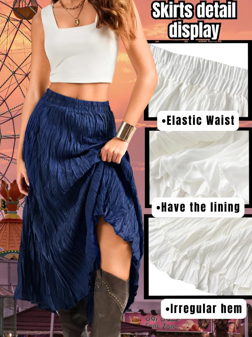 Kaei&Shi Pleated Midi Skirt,High Waisted A Line Flowy Boho Skirts for Women,Renaissance Costume Country Festival Vacation