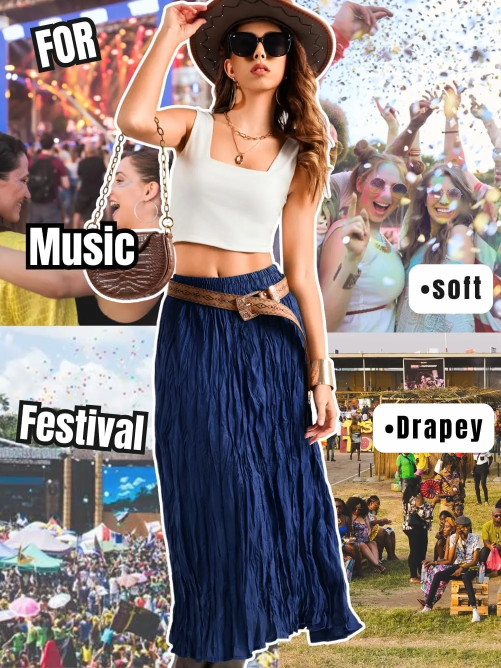 Kaei&Shi Pleated Midi Skirt,High Waisted A Line Flowy Boho Skirts for Women,Renaissance Costume Country Festival Vacation