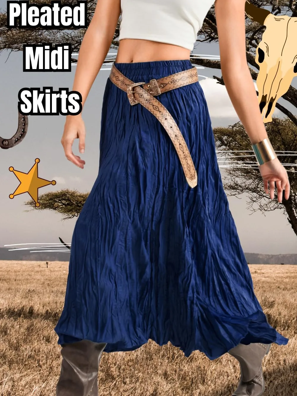Kaei&Shi Pleated Midi Skirt,High Waisted A Line Flowy Boho Skirts for Women,Renaissance Costume Country Festival Vacation
