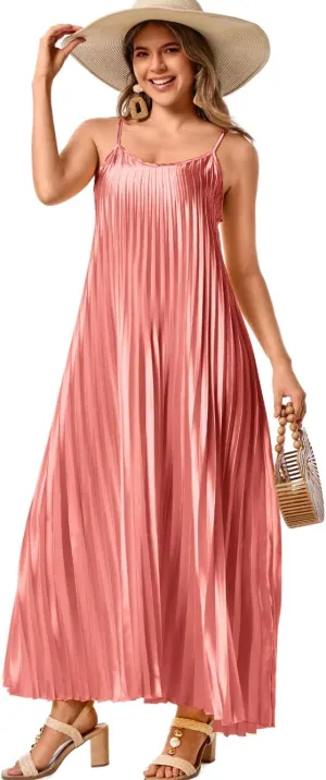 Kaei&Shi Satin Pleated Dress,Spaghetti Strap Flowy Long Sundress for Women,Classy Beach Wedding Guest Dresses Cocktail Party