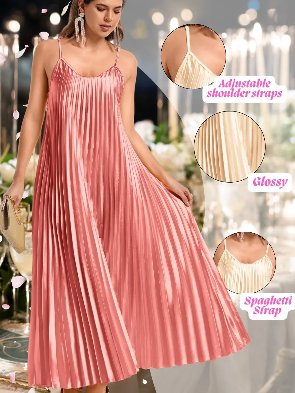 Kaei&Shi Satin Pleated Dress,Spaghetti Strap Flowy Long Sundress for Women,Classy Beach Wedding Guest Dresses Cocktail Party
