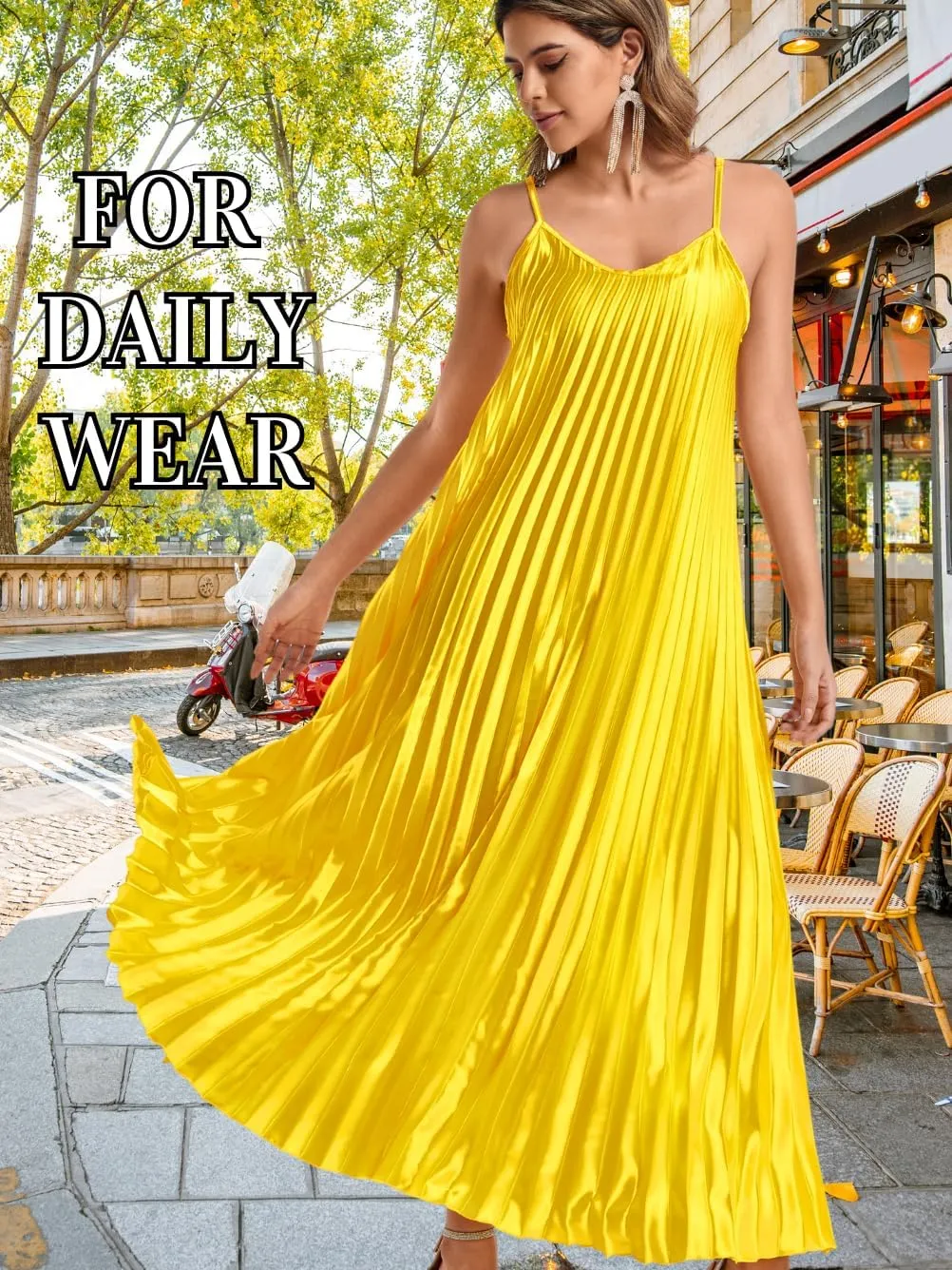 Kaei&Shi Satin Pleated Dress,Spaghetti Strap Flowy Long Sundress for Women,Classy Beach Wedding Guest Dresses Cocktail Party