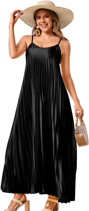 Kaei&Shi Satin Pleated Dress,Spaghetti Strap Flowy Long Sundress for Women,Classy Beach Wedding Guest Dresses Cocktail Party