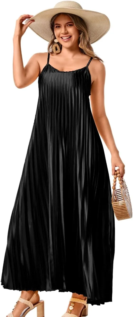 Kaei&Shi Satin Pleated Dress,Spaghetti Strap Flowy Long Sundress for Women,Classy Beach Wedding Guest Dresses Cocktail Party