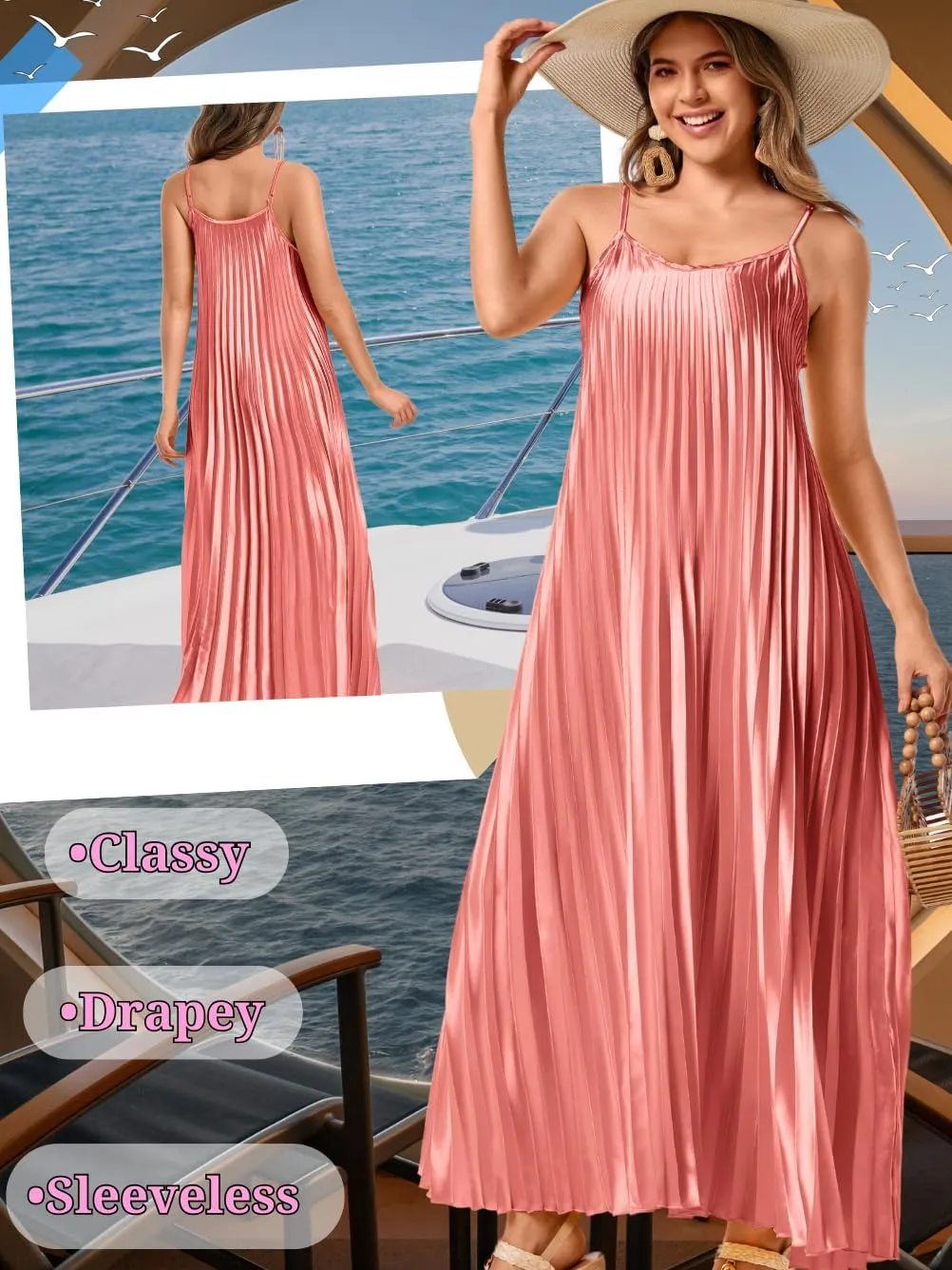 Kaei&Shi Satin Pleated Dress,Spaghetti Strap Flowy Long Sundress for Women,Classy Beach Wedding Guest Dresses Cocktail Party