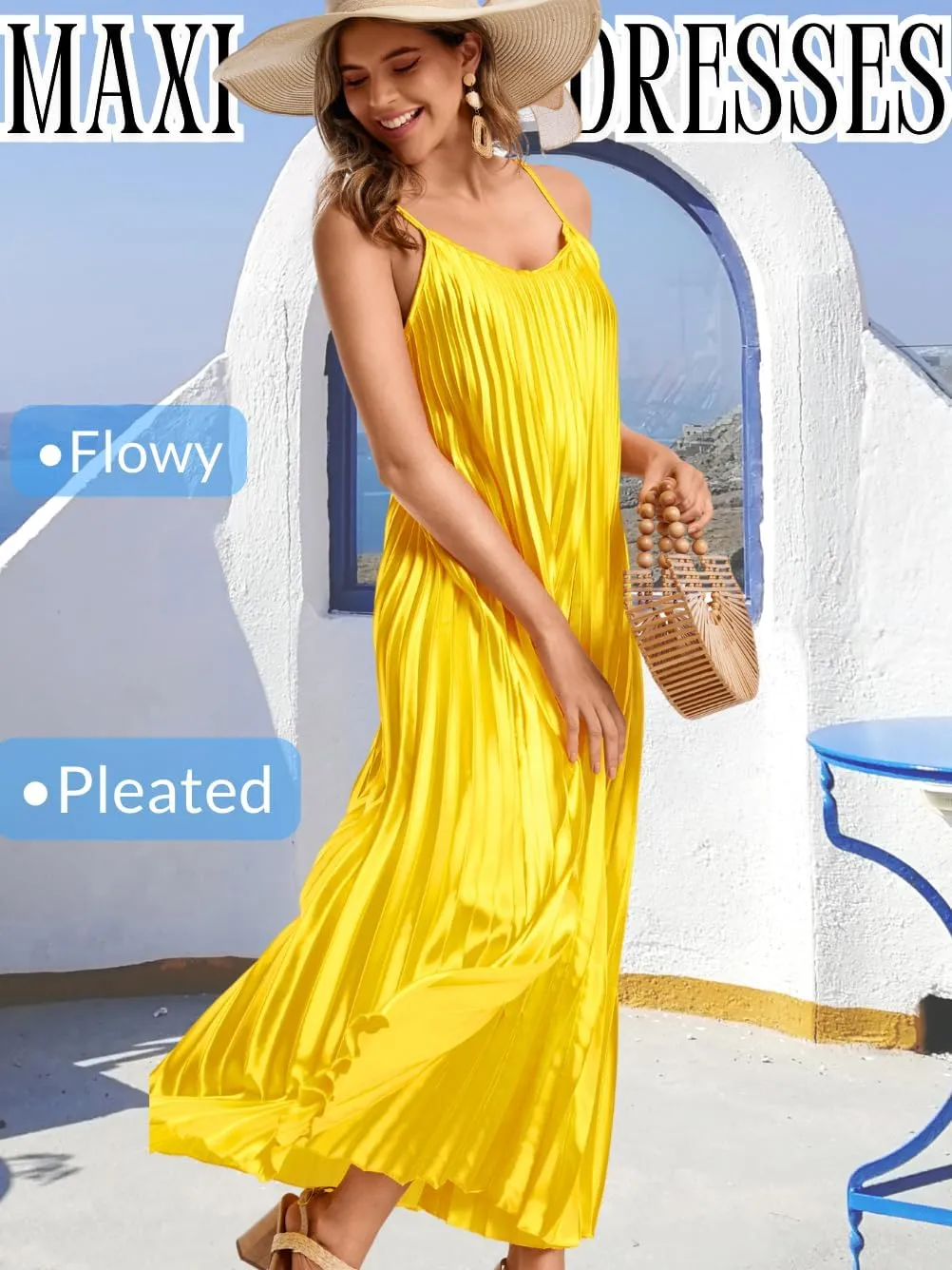 Kaei&Shi Satin Pleated Dress,Spaghetti Strap Flowy Long Sundress for Women,Classy Beach Wedding Guest Dresses Cocktail Party