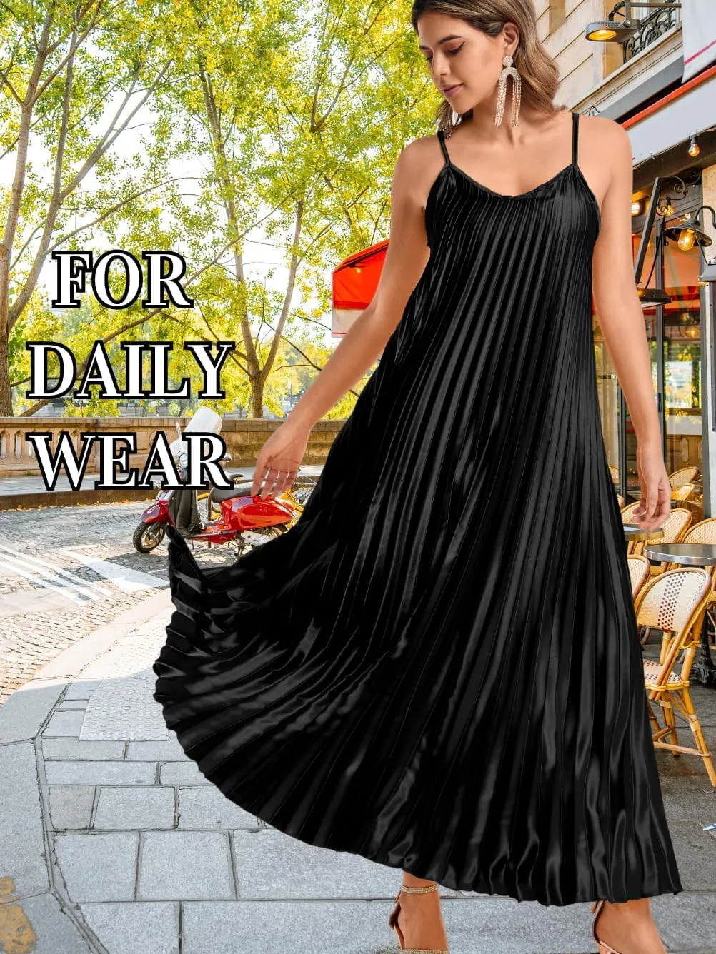 Kaei&Shi Satin Pleated Dress,Spaghetti Strap Flowy Long Sundress for Women,Classy Beach Wedding Guest Dresses Cocktail Party