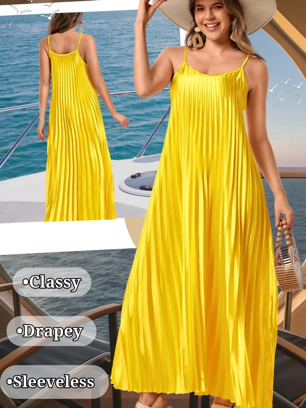 Kaei&Shi Satin Pleated Dress,Spaghetti Strap Flowy Long Sundress for Women,Classy Beach Wedding Guest Dresses Cocktail Party