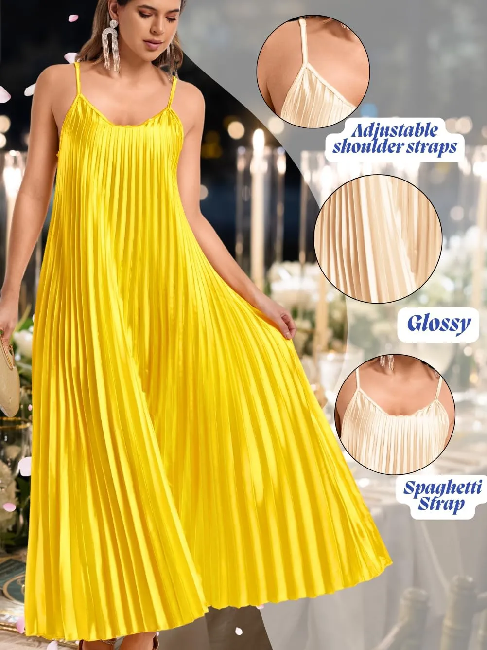 Kaei&Shi Satin Pleated Dress,Spaghetti Strap Flowy Long Sundress for Women,Classy Beach Wedding Guest Dresses Cocktail Party